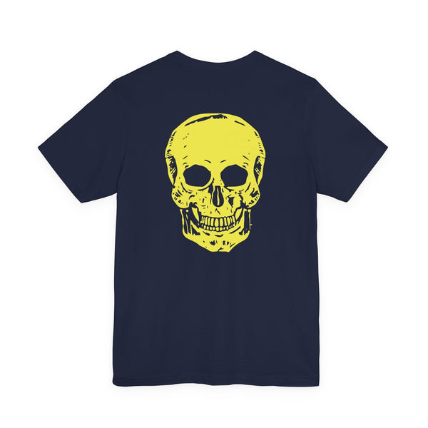 Navy underground style tee with small front skull print and large yellow skull graphic on back.