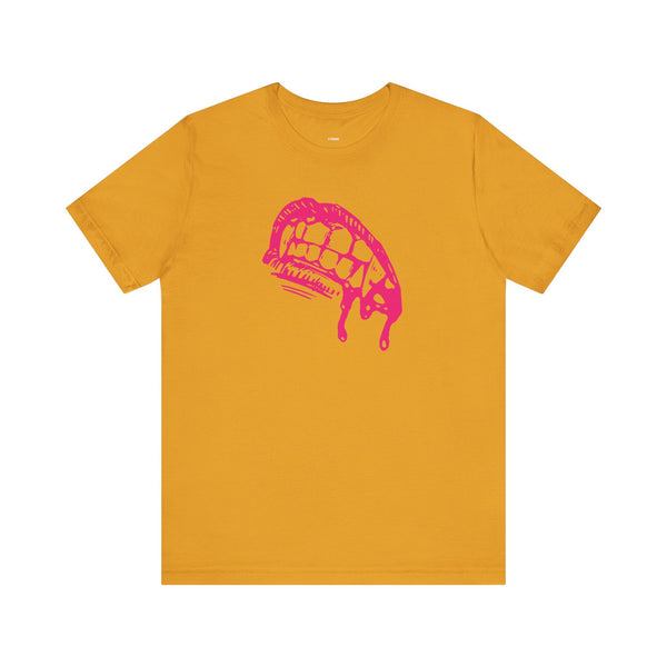 Pink vampire fang graphic t-shirt in lightweight cotton with classic crew neck, gothic style vampire t shirt