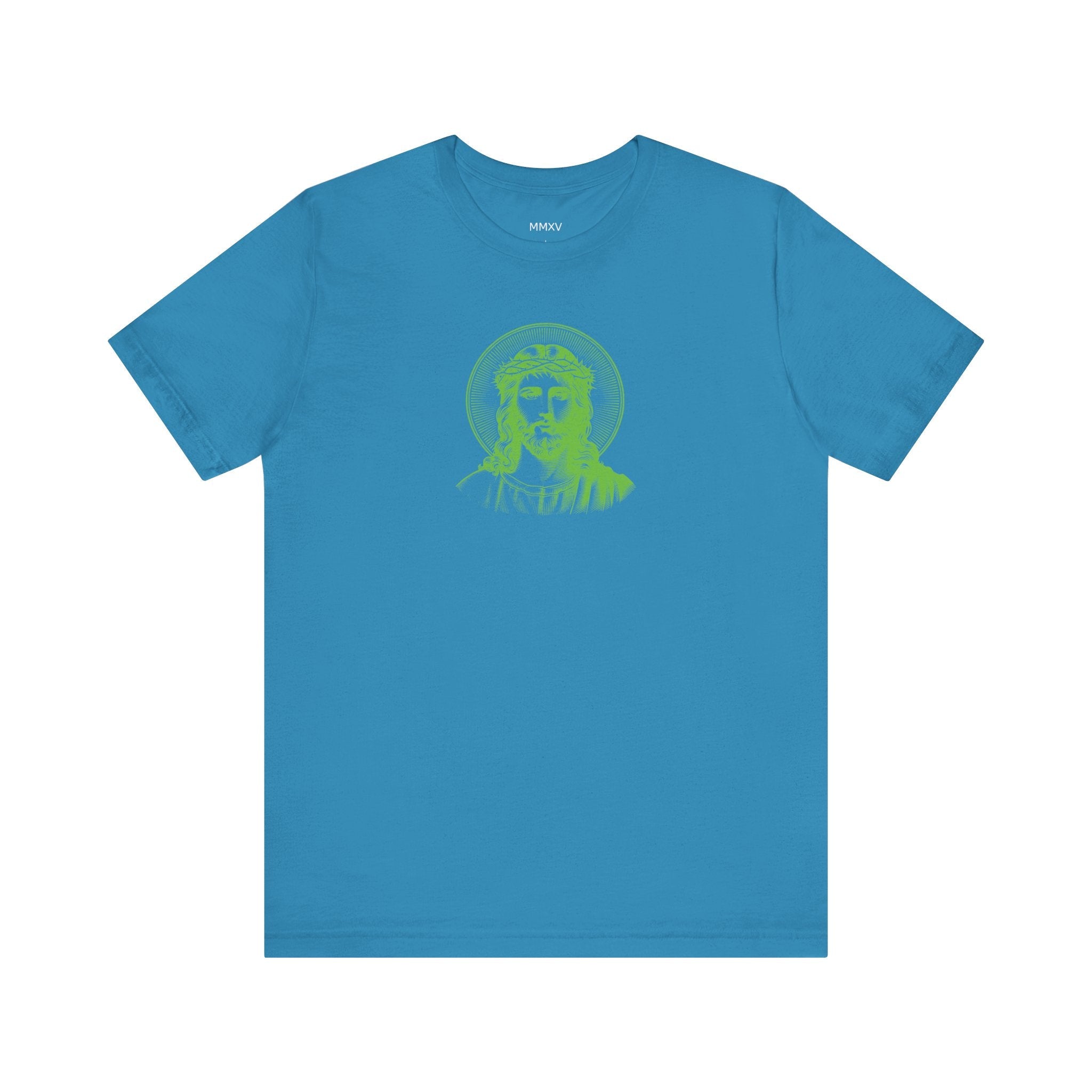 Green mid-scale religious graphic T-shirt with Jesus halo print, made of 100% Airlume cotton, retail fit for adults