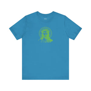 Green mid-scale religious graphic T-shirt with Jesus halo print, made of 100% Airlume cotton, retail fit for adults