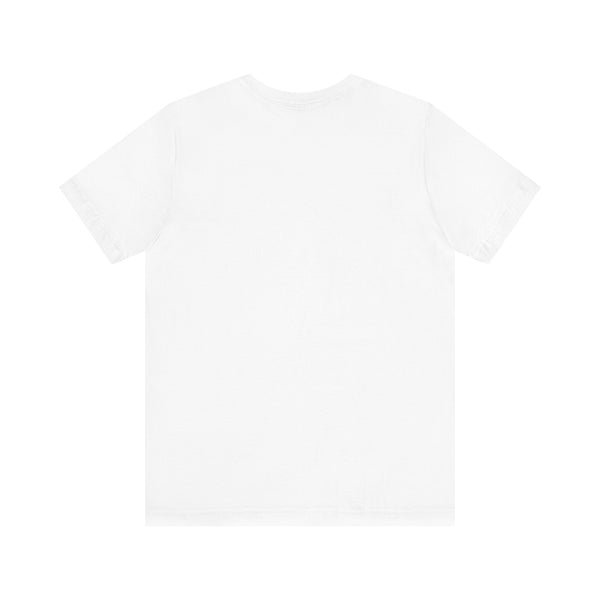 Back view of plain white unisex jersey short sleeve t-shirt made of 100% cotton with ribbed collar and side seams