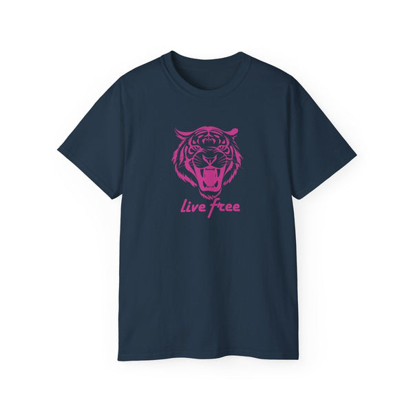 Pink “Live Free” Jumbo Retro Roaring Tiger Head Graphic Tee - Fugitive by Sandra Oles