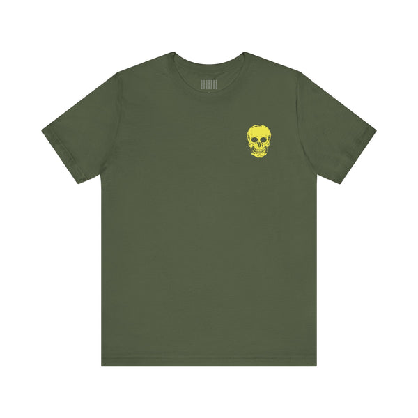 Olive streetwear tee shirt with small yellow skull graphic on left chest