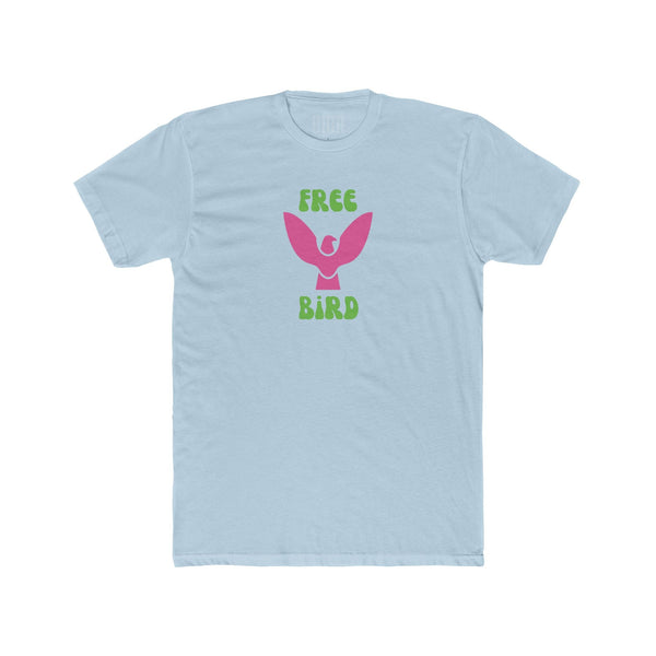 Light blue Free Bird graphic tee with neon pink bird and retro green bubble lettering, 100% cotton unisex shirt