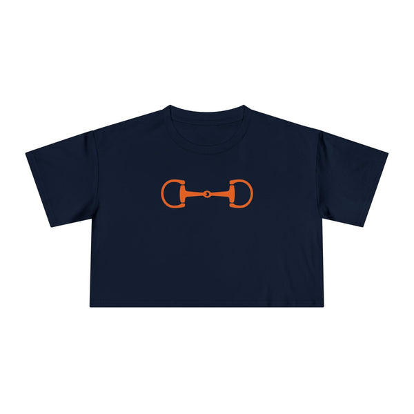 Navy cropped tee with bold orange horsebit graphic, soft breathable fabric, relaxed fit, ideal for riders and horse lovers.