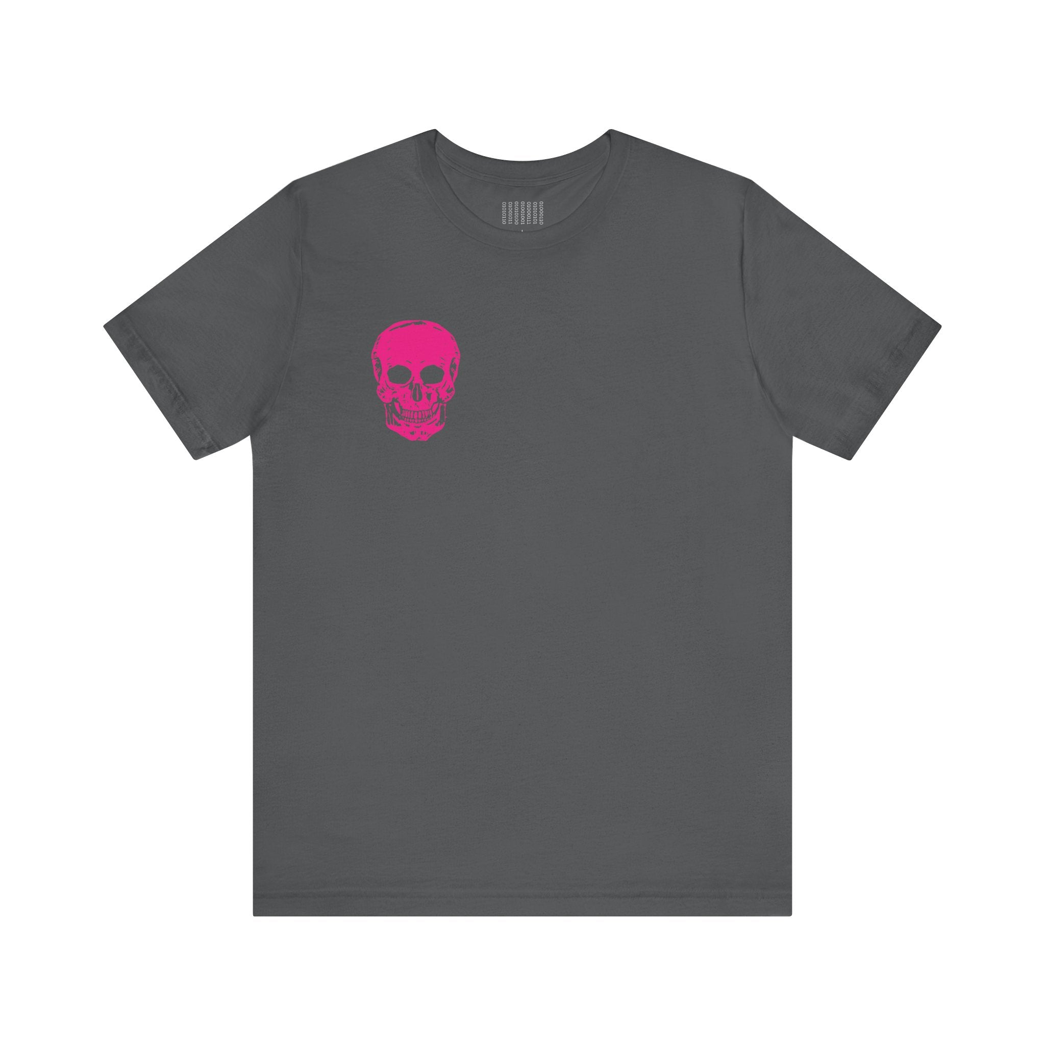 Gray punk rock tee with small bold pink skull print on left chest