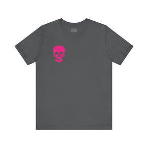Gray punk rock tee with small bold pink skull print on left chest