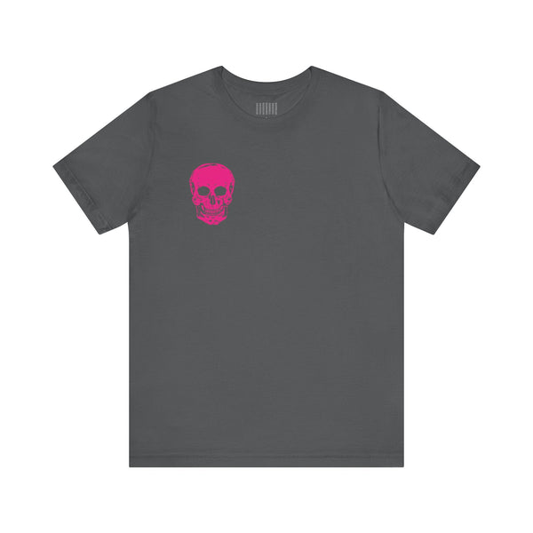 Gray punk rock tee with small bold pink skull print on left chest