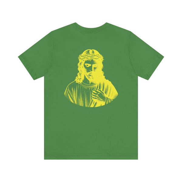 Green Christian streetwear t-shirt with a mini yellow Jesus print on the front and a jumbo yellow Jesus graphic on the back.
