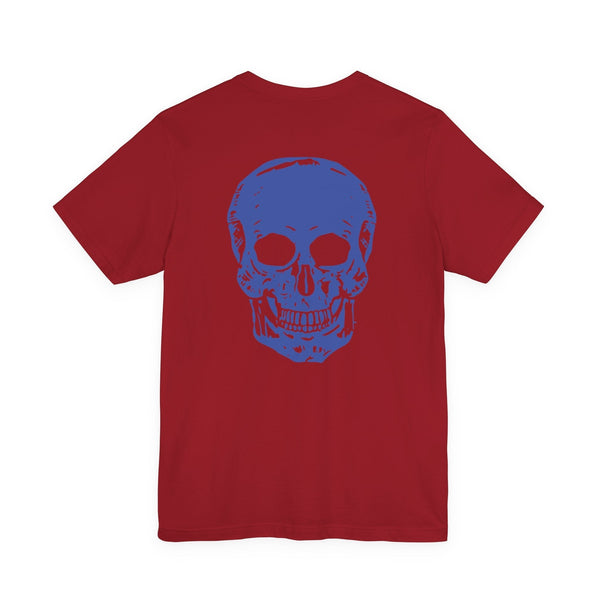 Red graphic tee with large blue skull design on the back, made from soft cotton, streetwear style