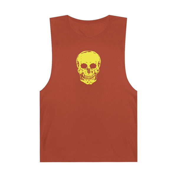 festival style red tank top with bold yellow skull graphic on front for streetwear