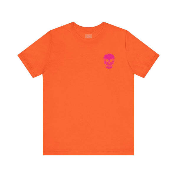Orange punk rock tee with mini hot pink skull on chest and jumbo skull graphic on back