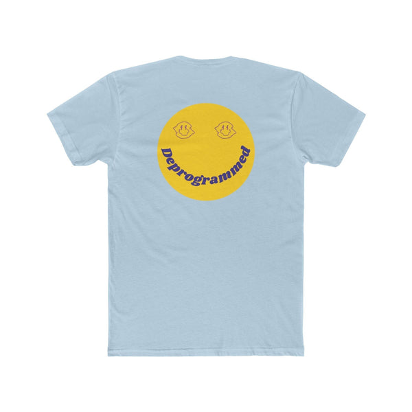 Light blue 1990's rave streetwear t-shirt with large yellow smiley face and "Deprogrammed" text on the back