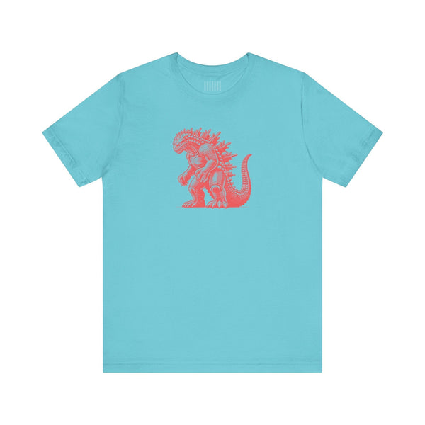 Light blue Kaiju t shirt with red Godzilla graphic for monster movie fans, casual streetwear.