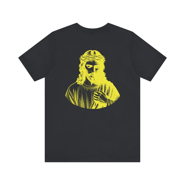 Black Christian streetwear t-shirt with jumbo yellow Jesus graphic on back and mini yellow Jesus print on front chest.