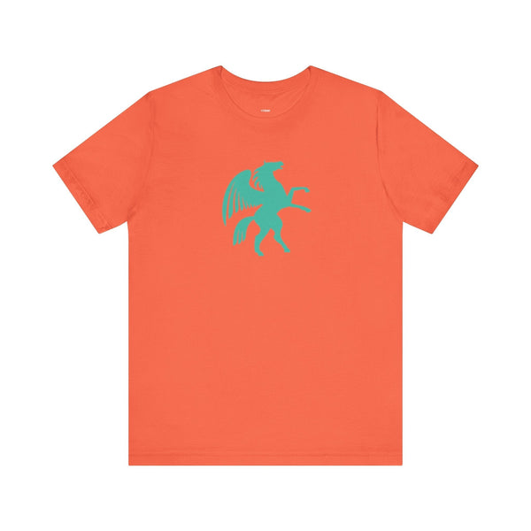 Orange t-shirt with bold turquoise Pegasus graphic from Mythical Series, made of premium breathable cotton.