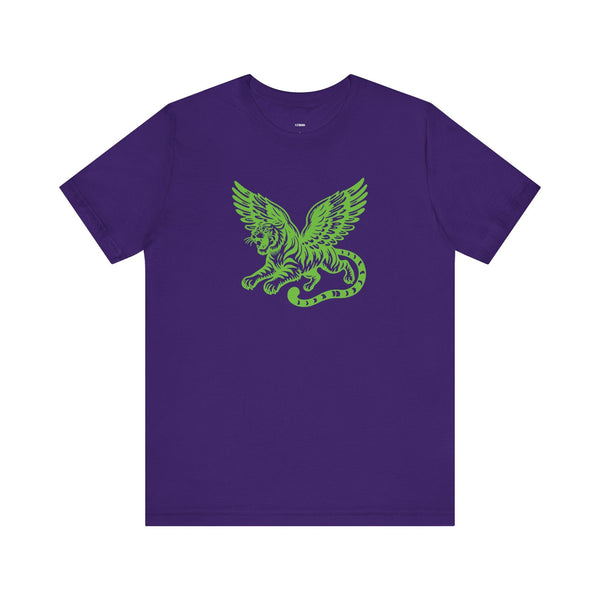 Purple t-shirt with neon green winged tiger graphic front print unisex tee