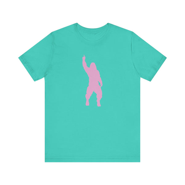 Turquoise Bigfoot t shirt with cheeky pink Sasquatch graphic and unisex fit.