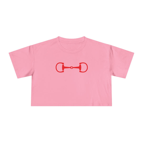 Pink cropped t-shirt with red horsebit style and relaxed drop shoulder fit
