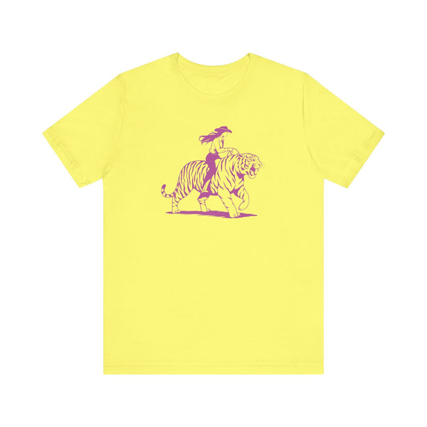 Yellow cotton tee with neon magenta cowgirl riding tiger graphic front print