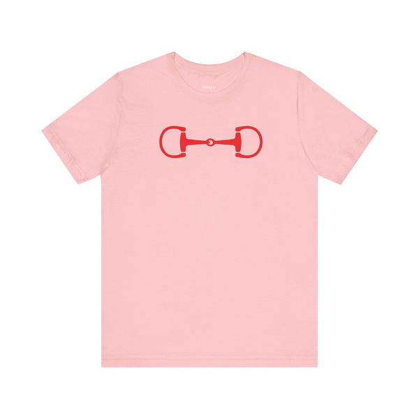 Pink t-shirt with red horse bit graphic, equestrian style clothing by Sandra Oles