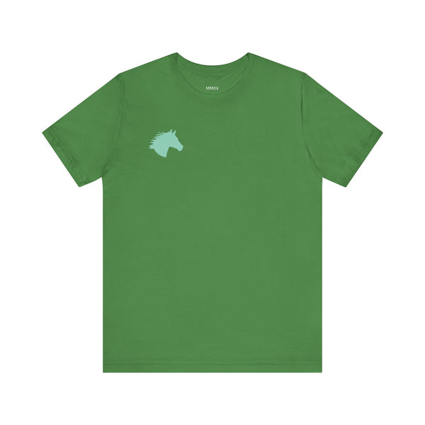 Green minimalist equestrian t-shirt with a mint horse head graphic on the left chest.