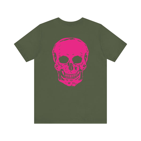 Olive green punk rock t-shirt with a bold large pink skull graphic on the back.