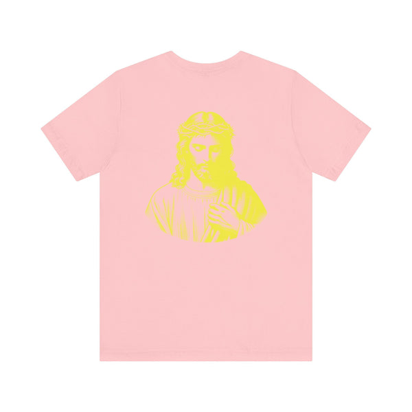 Pink graphic tee with jumbo yellow Jesus print on back and small yellow Jesus print on front left, Christian streetwear style