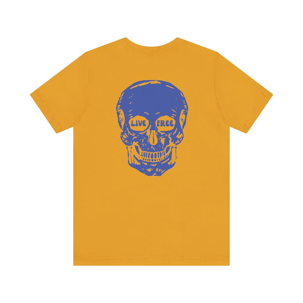 Yellow streetwear t-shirt with jumbo blue skull back print featuring "Live Free" text in the eyes.