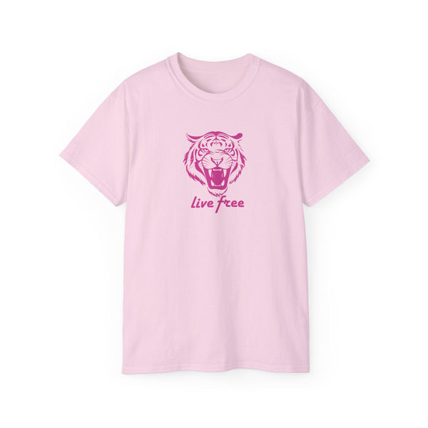 Pink live free tiger graphic statement tee made of 100% cotton