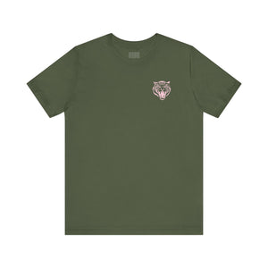 olive green t-shirt with a small pastel pink retro roaring tiger print on the front left side, casual graphic tee