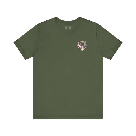 olive green t-shirt with a small pastel pink retro roaring tiger print on the front left side, casual graphic tee