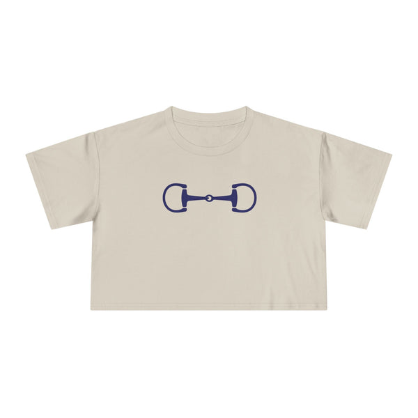 Navy horsebit graphic on a beige cropped tee, Ivy League equestrian style, soft breathable cotton with relaxed fit and dropped shoulders.