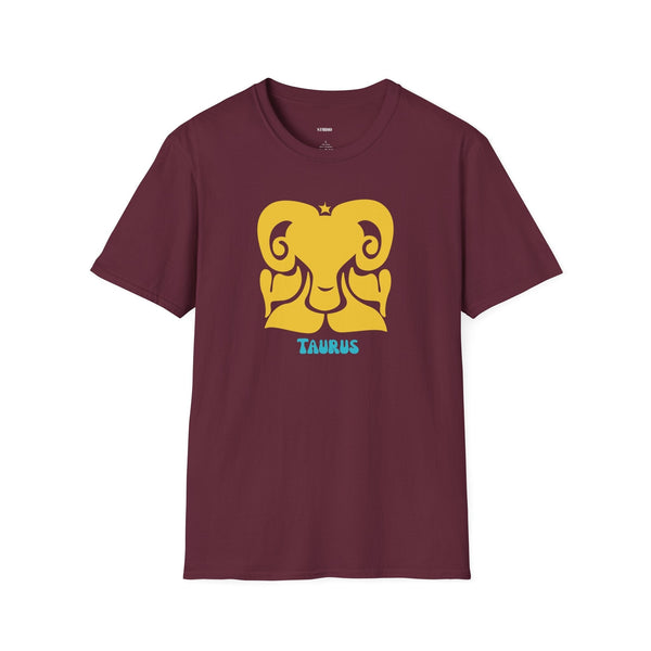 Maroon Taurus zodiac graphic tee with golden bull icon and blue "Taurus" label, lightweight cotton shirt