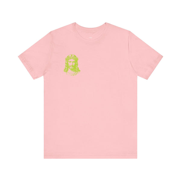 Pink unisex cotton t-shirt with lime green mini Jesus graphic on front left chest