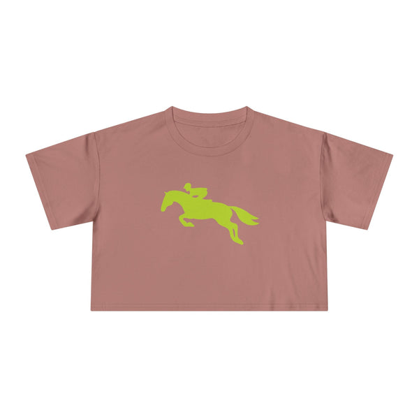 Hunter jumper cropped t shirt in muted rose with lime green horse and rider graphic mid-jump, made of soft breathable cotton for equestrian style and comfort.