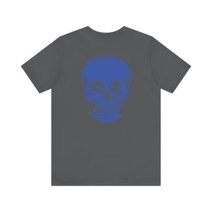 Gray streetwear tee with jumbo blue skull graphic and "Live Free" text in the eye sockets on the back