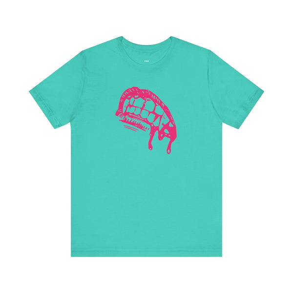 Pink vampire fang graphic t-shirt in lightweight cotton with retail fit and crew neckline