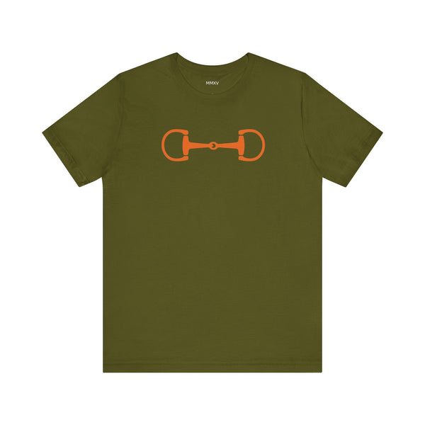 Olive green graphic tee with bold orange horsebit design, heritage equestrian style streetwear.