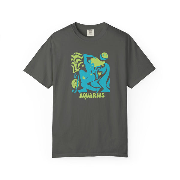 Dark gray Aquarius zodiac graphic tee with vibrant aqua blue and green celestial water-bearer design
