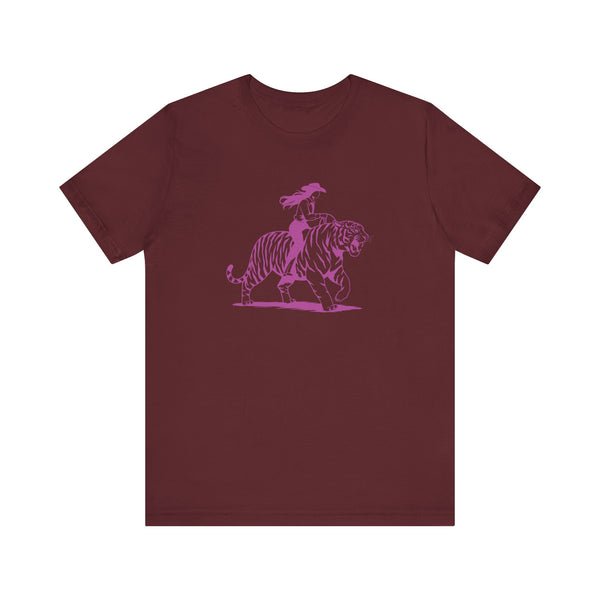 Cowgirl Riding Tiger Front Print Graphic Tee - Retro Style with Humor