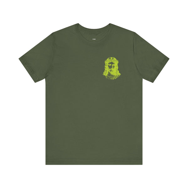 Olive green Jesus t-shirt with lime green mini Jesus graphic on front left pocket area and jumbo Jesus portrait on back.