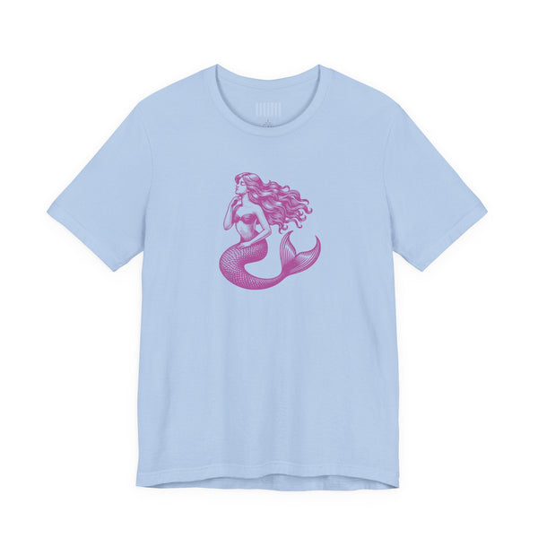 Light blue mermaid t shirt with magenta mermaid graphic design, unisex short sleeve tee from Fugitive Collection