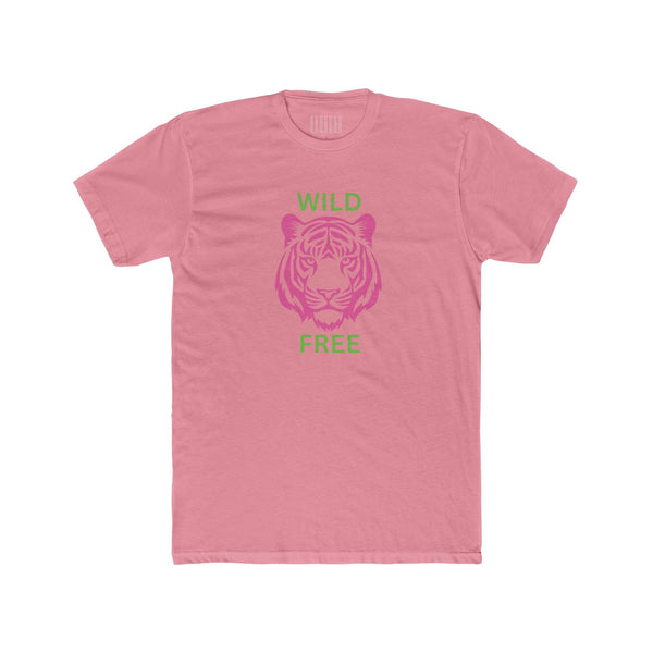 Pink cotton tee with neon pink tiger and green "WILD FREE" text graphic, unisex crew neck