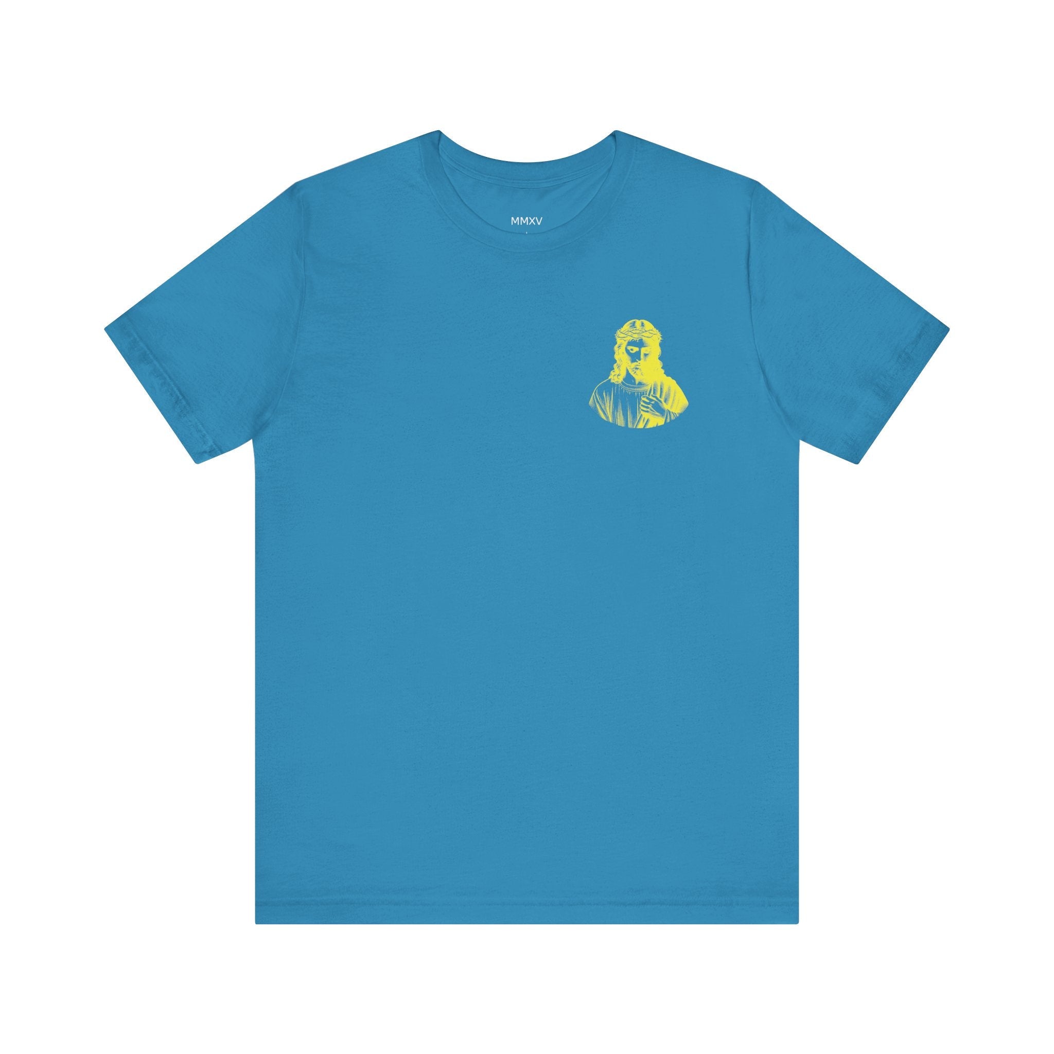Blue unisex Jesus t shirt with yellow mini Jesus crown of thorns front left graphic print