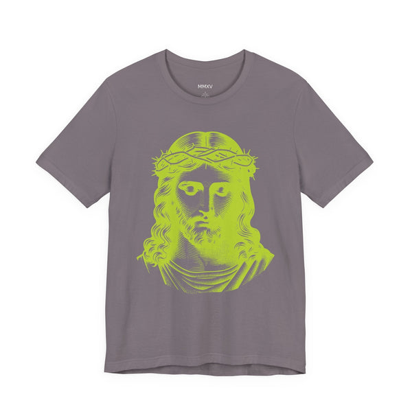 Gray Christian t-shirt with jumbo lime green Jesus graphic and ribbed collar.