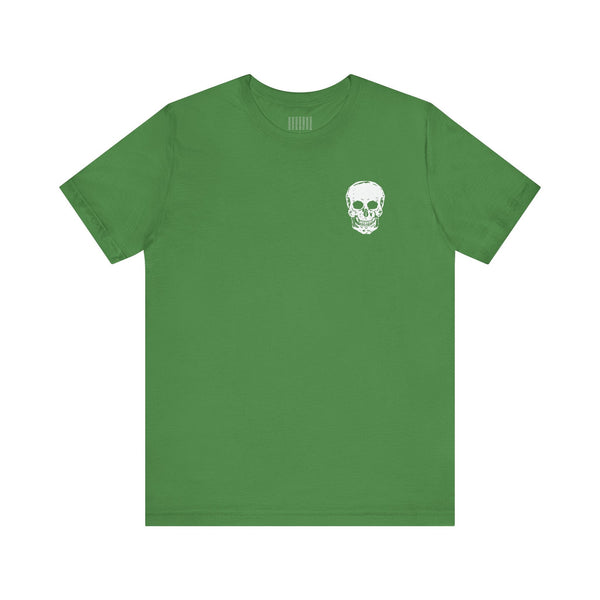 green graphic tee with white mini skull on front and jumbo skull graphic back print