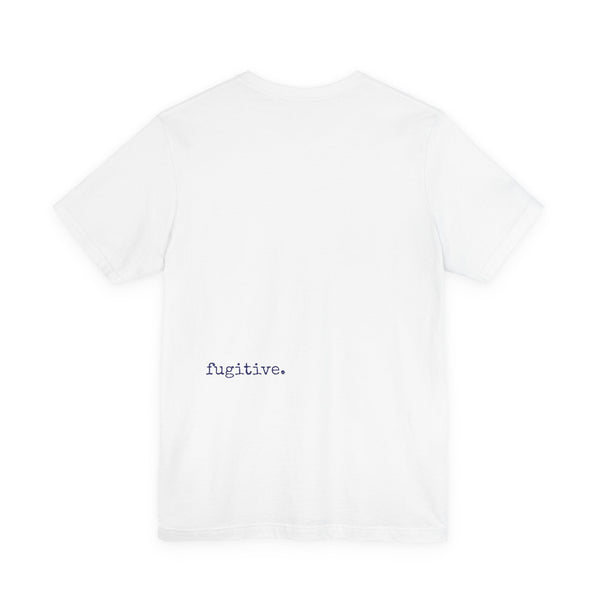 White t-shirt with small navy blue "fugitive." text printed on the lower back os stylish equestrian shirt