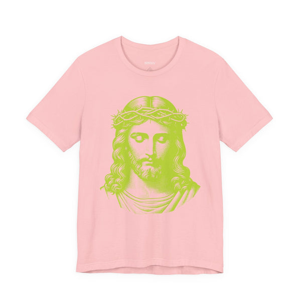 Pink Christian t-shirt with jumbo lime green Jesus graphic and streetstyle edge