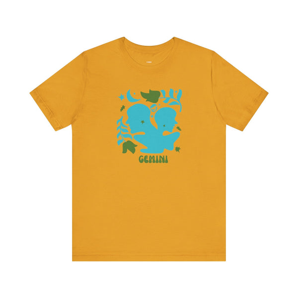 Mustard yellow retro Gemini zodiac t shirt with blue twin graphic and green accents
